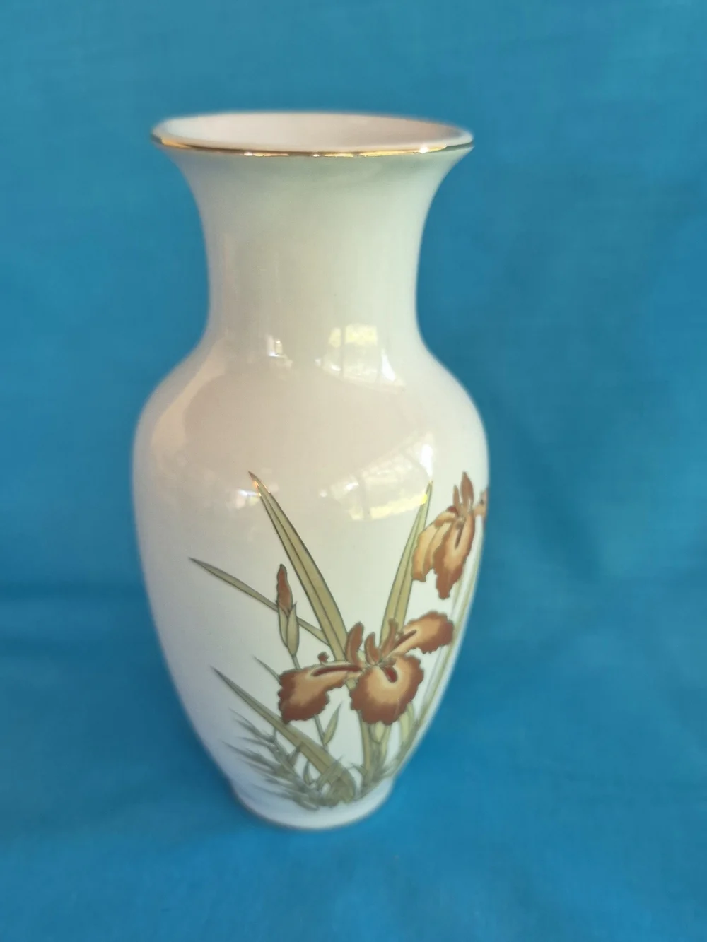 Copper Bronze Iris Flowers Porcelain Vase Vintage Fine China Japan Gold Trim